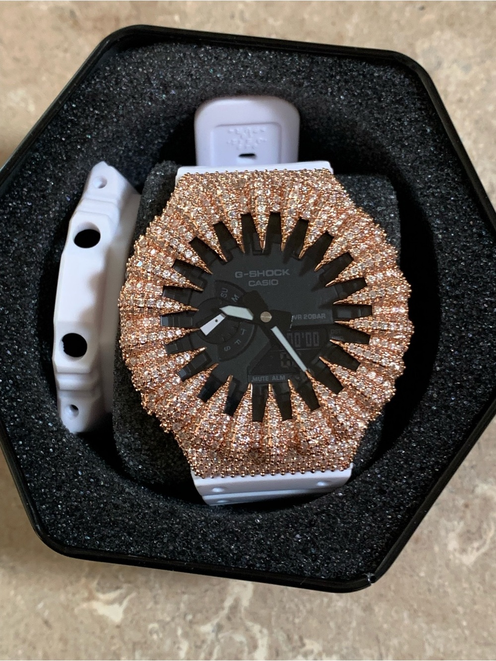 Casio G-Shock White Watch with Rose Gold Crystal Bezel